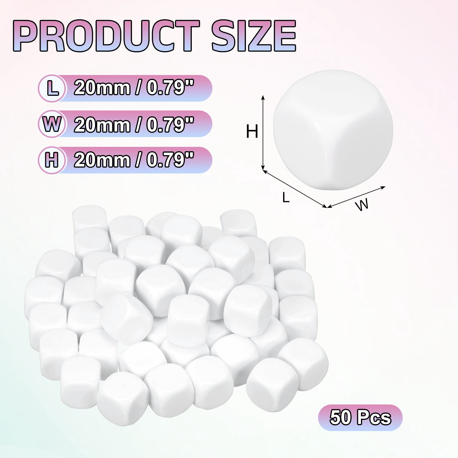 50Pack Acrylic Blank Dice, 20mm/0.79" Acrylic Rounded Corner Six Sided Blank White Dice Blocks with Smoothed Surface for Board Games Party Fun