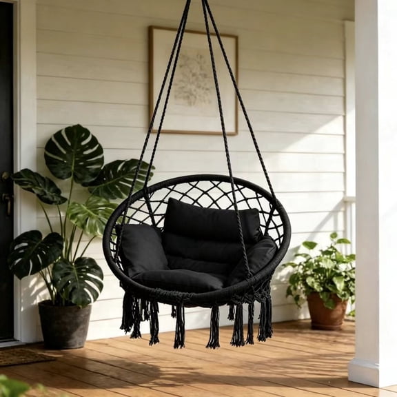 Skandiquip 53" Macrame Hanging Swing Chair, Soft Padded Cushion Included for Bedroom & Porch, Black
