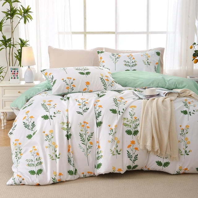 Housse de Couette Format Grand Réversible Ensemble de Housse de Couette Florale avec Fermeture Éclair Pièces Motifs Botaniques Ensemble de Literie en Microfibre Douce (&#;x Taies d'Oreiller &#;x&#