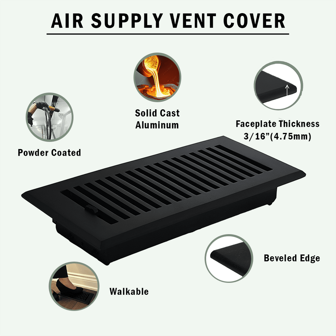 Sleek Vent 4"x12" Duct Opening (Overall 5-1/2"x 13-3/4") Solid Cast Aluminum Register Cover | Powder Coated White with holes