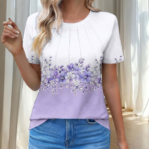 MORESEC Women Plus Size Tshirts Short Sleeve Round Neck Floral Casual Blouses Cute Vacation Tops Summer Fashion Clothes, Purple 2XL