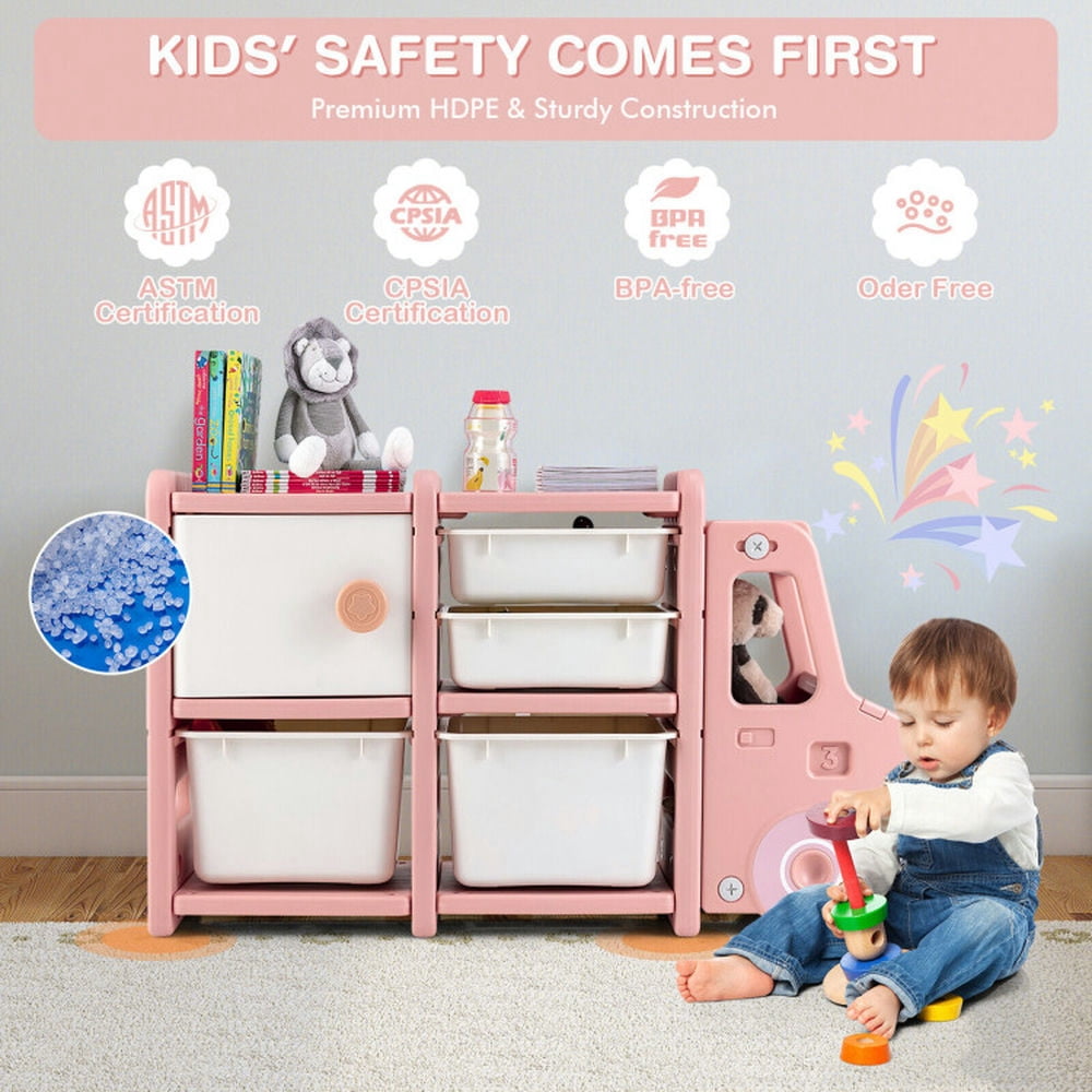 Spaco Toddler Truck Storage Organizer with Plastic Bins-Pink, Toy Organizer for Kids, Boys, Girls, Nursery