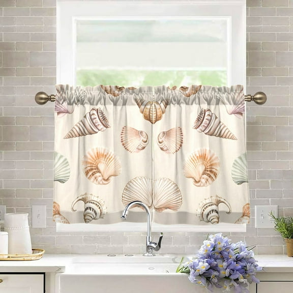 Yayeee Kitchen Curtains Tier Pair Light Filtering 27"x36" Rod Pocket Short Cafe Window Panel, Green Watercolor Seashells