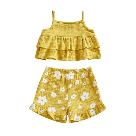 

Baby Girls Summer Clothes Dual Layer Camisole Ruffles Sleeveless Tanks Tops + Floral Print Shorts Casual Outifts