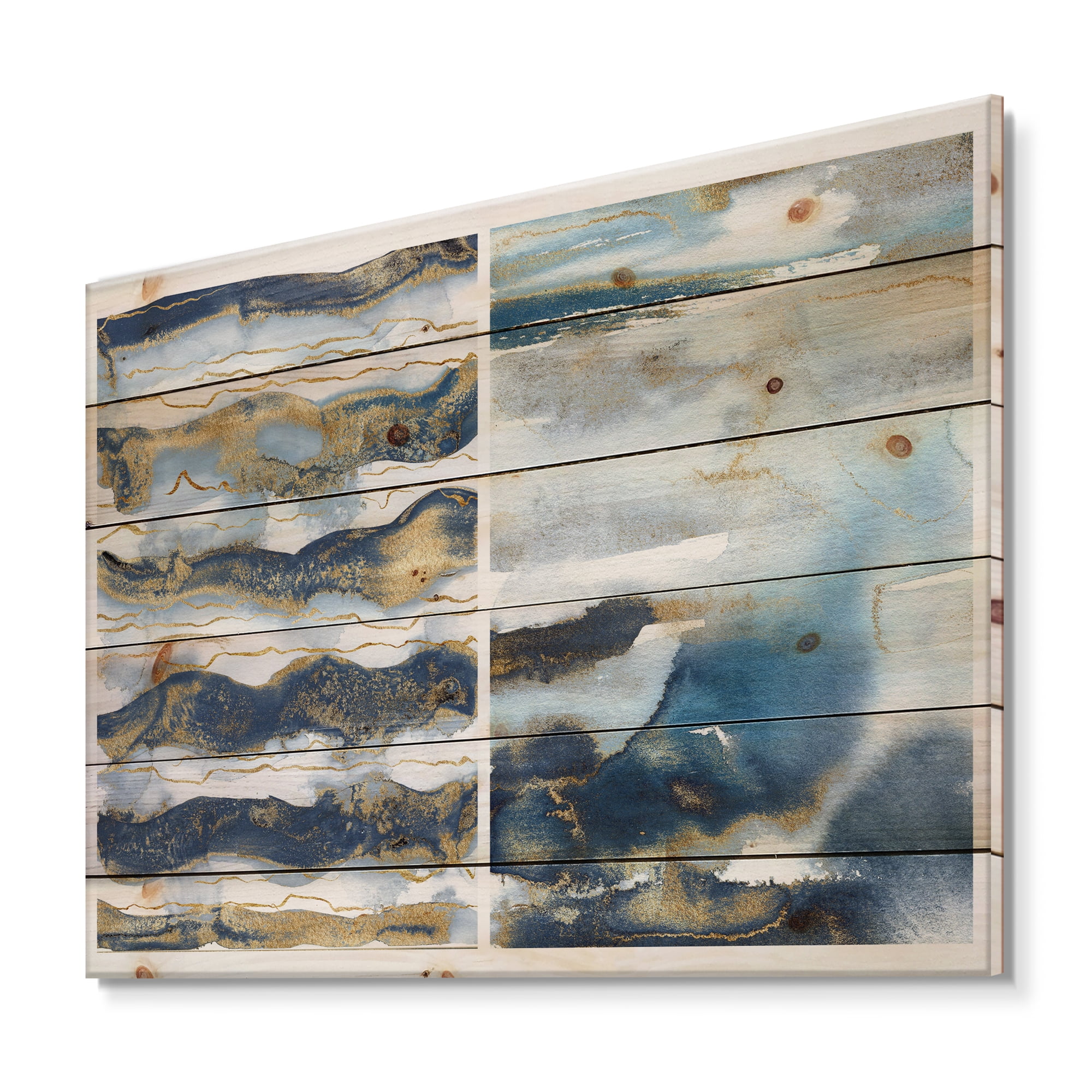 Designart 'Gold and Dark Blue Abstract Waves II' Modern Print on Natural Pine Wood
