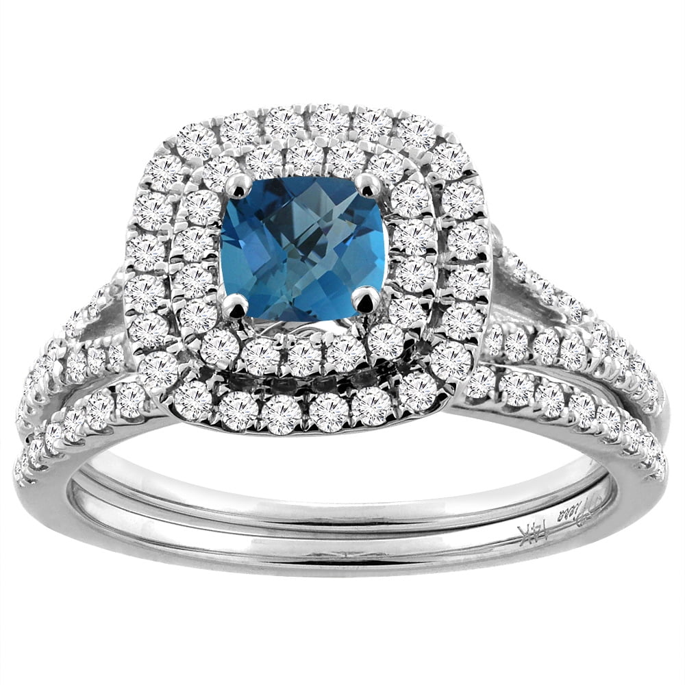 14K White Gold Diamond Halo Natural London Blue Topaz 2pc Engagement Ring Set Cushion 6x6mm,size 6.5 by Gabriella Gold
