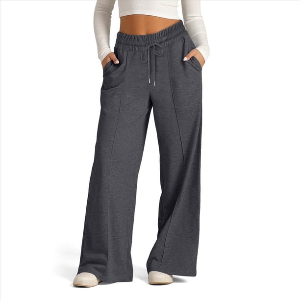Pantalones Deportivos de Pierna para Mujer, Holgados, con Cordón Elástico, de Cintura Alta, Estilo Palazzo. Gris Oscuro M