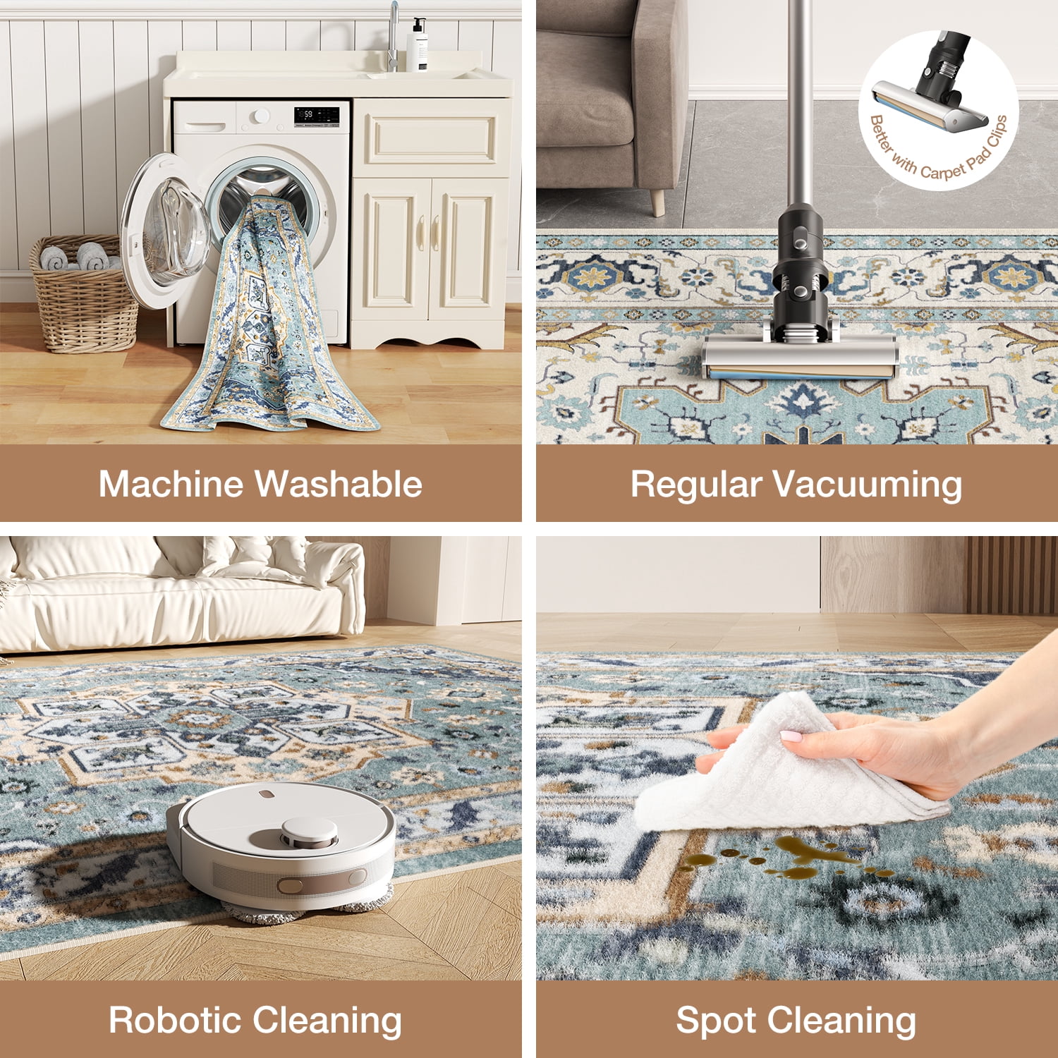 Washable Area Rug for Living Room, NovDeco 4'x6' Non-Slip Vintage Boho Light Blue Indoor Rug, Low Pile Stain Resistant Carpet for Bedroom, Nursery