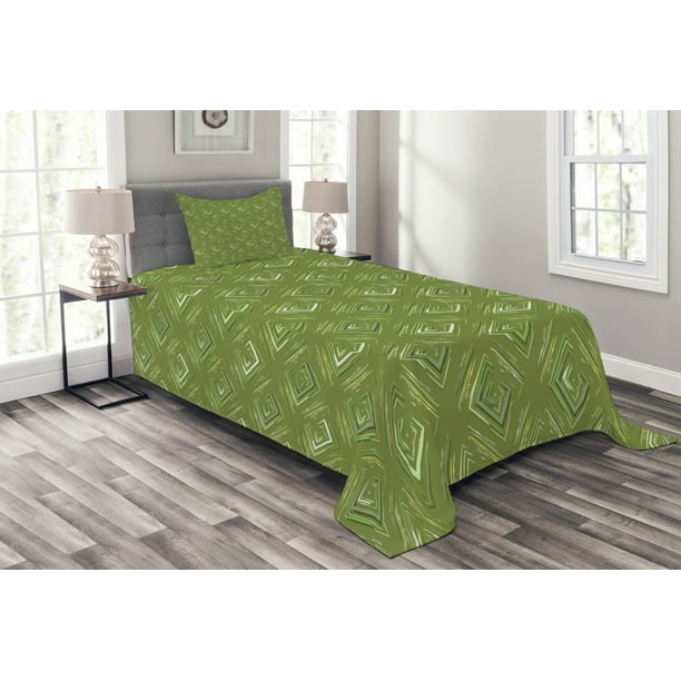 Olive Green Bedspread Set, Grunge Geometric Pattern Square Shape