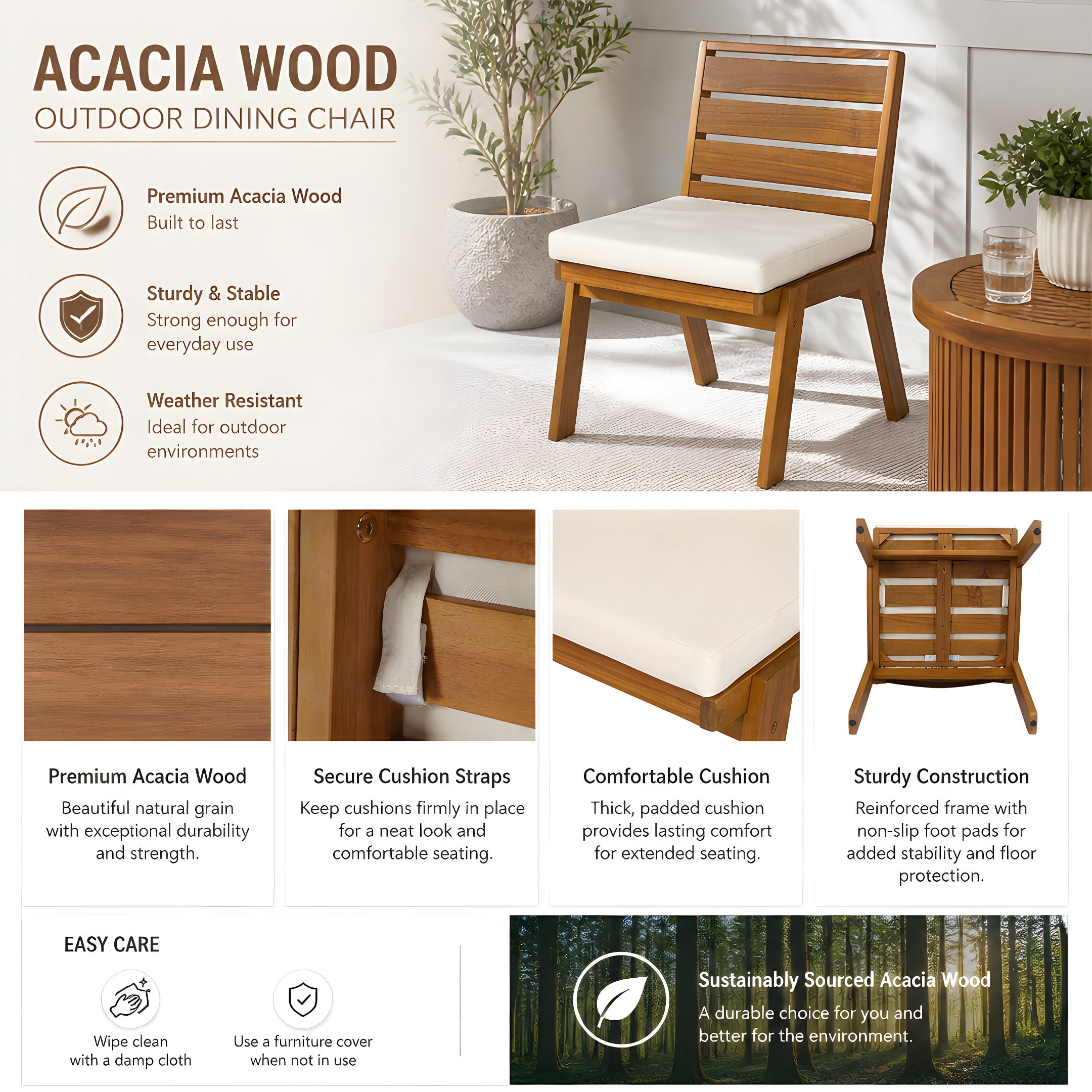 Set of 2 Outdoor Dining Chairs with Acacia Wood Frame and Beige Washable Cushions, Armless Patio Chairs and Garden Seating for Backyard, Teak Finish
