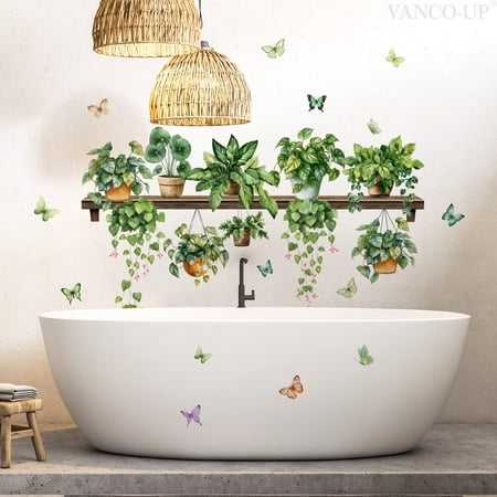 Green Potted Wall Decals Plants Leaves Wall Stickers Potted Plants DIY Transparent decal Peel and Stick Waterproof Wall Murals Decor Walls Art Home Decal for Kitchen Living Room glass decals
