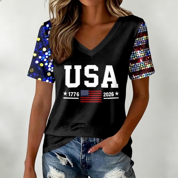haizhen 250 Anniversary USA Shirt Women Summer V Neck Sparkly America Flag 1776-2026 Patriotic 4th of July Shirts Women July 4th Tshirts Graphic Tees Womens Going Out Tops Black, M