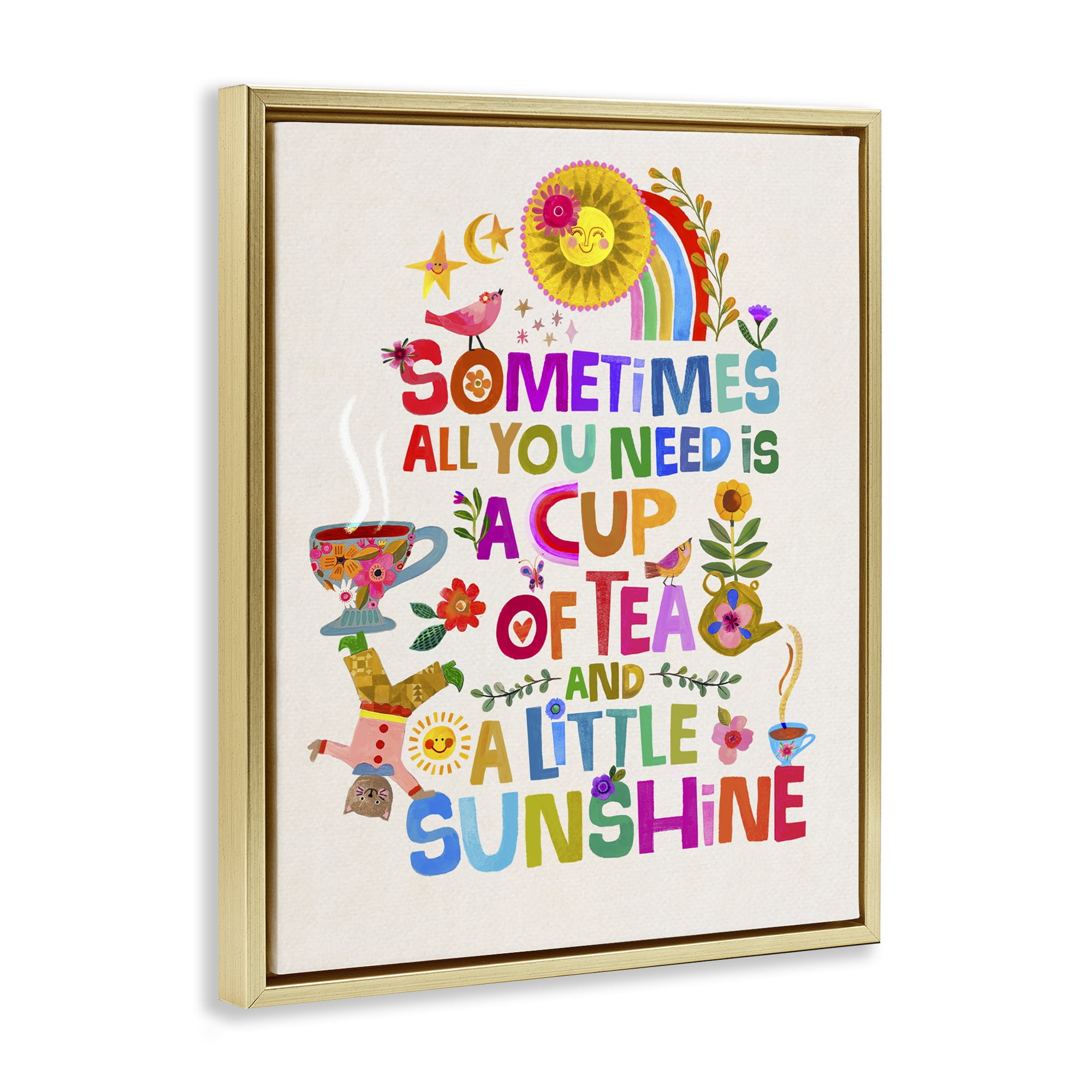 Stupell Industries Cup Of Tea & Sunshine Gold Framed Floater Canvas Wall Art, design by Katherine Herrell Studio
