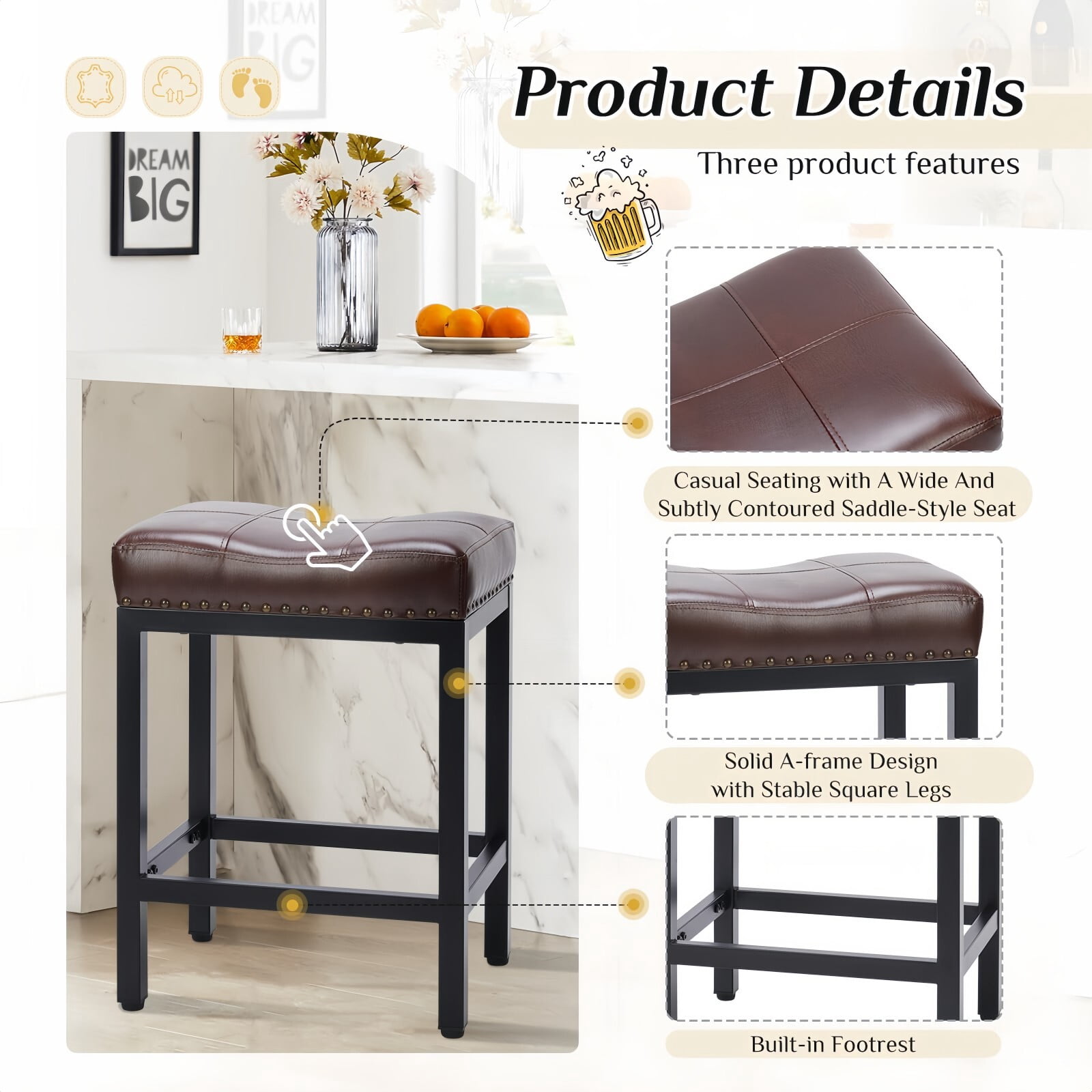Kelno 24 Inch Saddle Bar Stool Set of 2 PU Leather Counter Stools with Steel Frame and Footrest, Brown