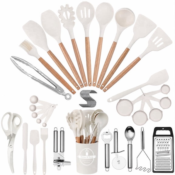 M Buder 42 PCS Silicone Cooking Utensil Sets, Kitchen Utensils Set for Nonstick Cookware, 446°F Heat Resistant Spatula Set, BPA Free Kitchen Gadgets Tools with Holder, Beige