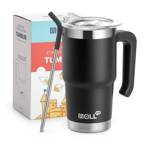 16 oz Insulated Stainless Steel Tumbler with Handle, Lid & Straw - Travel Coffee Mug (Black)