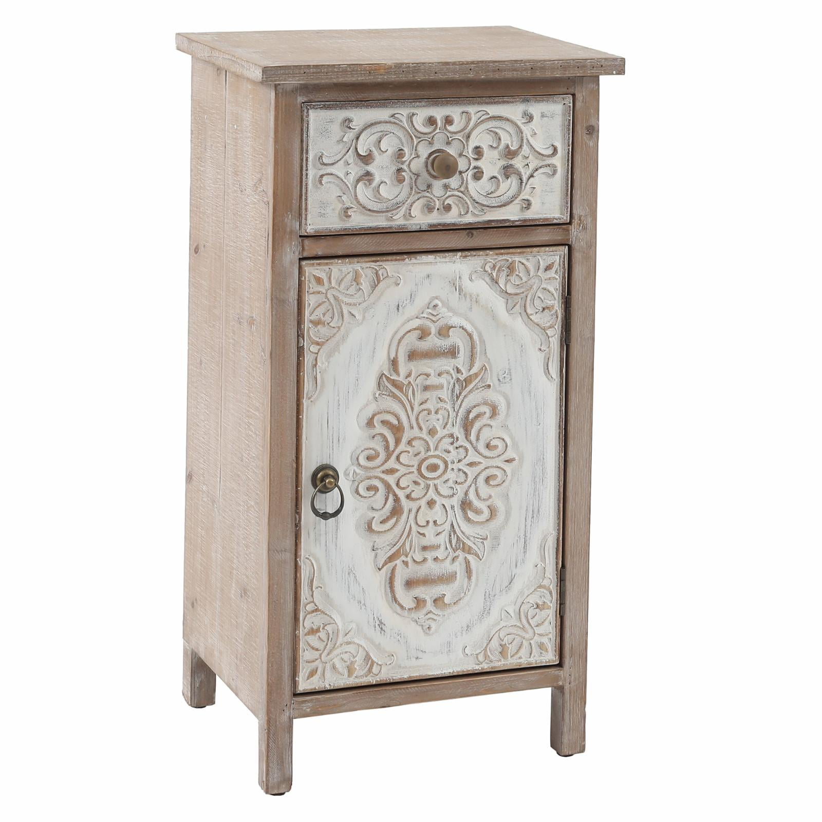 LuxenHome Floral Carved Wood 1-Door 1-Drawer End Table with Storage