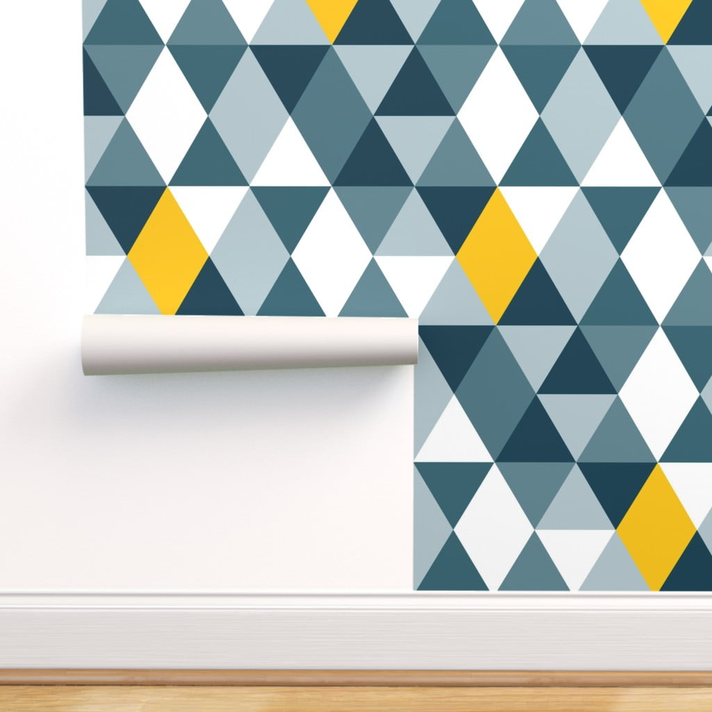 Peel & Stick Wallpaper 12ft x 2ft - Geo Mod Navy Yellow Geometric Triangles  Modern Custom Removable Wallpaper by Spoonflower 