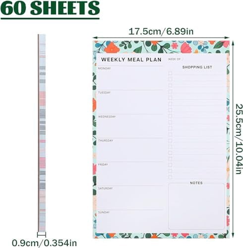60 Sheet Meal Planner for Fridge, Magnetic Weekly Meal Planner & Grocery List with Tear-off Shopping List for Meal Prep, 7x10''-Flower Design