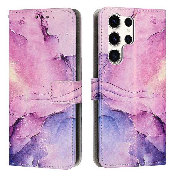for Samsung Galaxy S21 Ultra Wallet Case with Card Holder,Women Men RFID Blocking PU Leather Flip Cover Wrist Strap Magnetic Closure Credit Card Slots Marble Patterned Book Style Phone Case,Purple