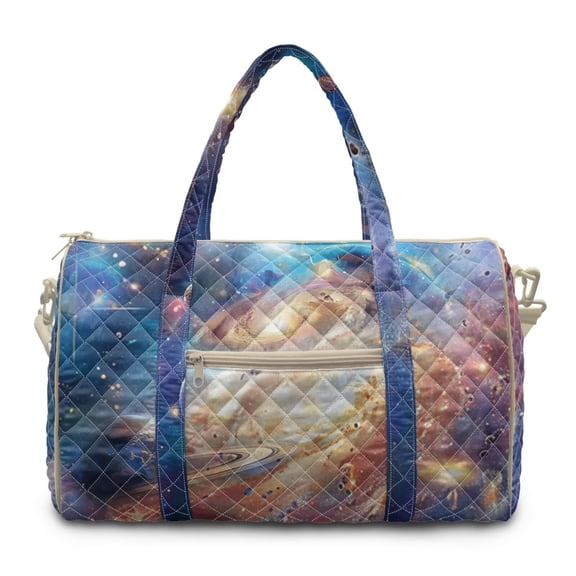 Garronmavis Galaxy Print Large Quilted Duffle Bag for Women, Weekender Overnight Bag Travel Tote Carry On Gym Dance Bag with Zipper Pockets