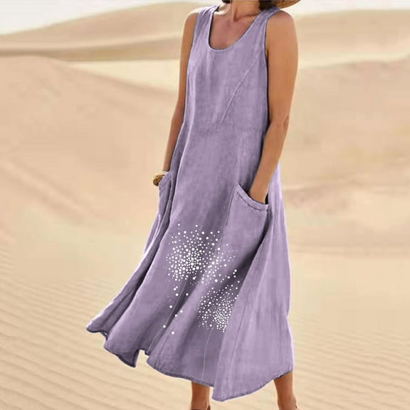Sakmal Loose Fit Womens Dresses Graphic with Pocket Purple Comfort Fit Sleeveless Maxi Slip Dress