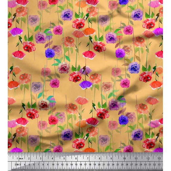 Soimoi Poly Georgette Fabric Leaves & Rose Floral Printed Craft Fabric by the Yard 42 Inch Wide