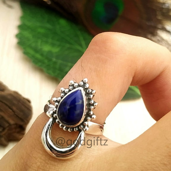 Lapis Lazuli Crescent Moon Ring: Handmade 925 Sterling Silver