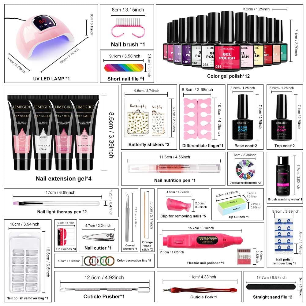 Limegirl Gel Nail Polish Kit with 18LED UV Light Nail Dryer, 12 Colors Gel Polish 4 Extension Gels Base Top Coat Manicure Tools Set  RLB