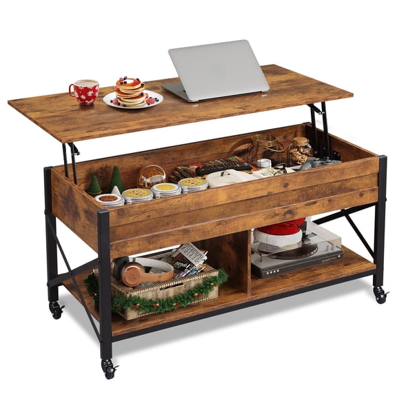 Coffee Table, 41.3" Lift Top Coffee Table with 4 Wheels, Hidden Compartment, Storage Shelf and Lift Tabletop for Living Room, Reception Room, Rustic Brown