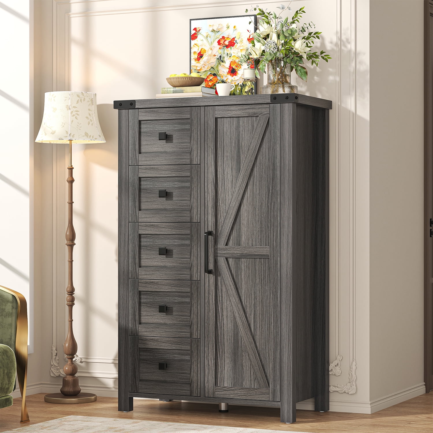 Winkalon 5 Drawers Dresser Chests for Home Bedroom, Farmhouse Wood Rustic Tall Chest of Drawers, Pull Storage Cabinet,Grey