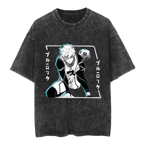 YOUSHENGER BLUE Cotton T-Shirt For Men Women Washed Vintage Tees Fashion Anime LOCK Crew Neck Tshirts