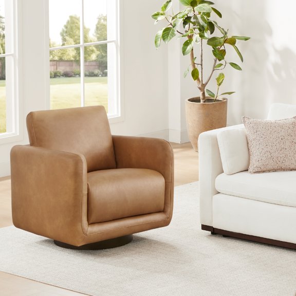Spruce & Spring Upholstered Swivel Accent Chair with Back Cushion Single, Brown