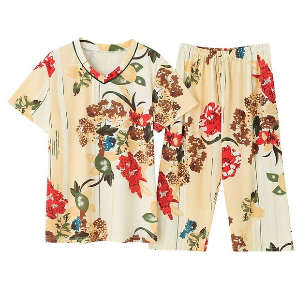 Women Pajamas Sets Soft Nightwear Short Sleeve Pyjamas Floral