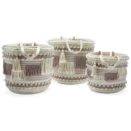 Wht Hang Basket Hand Woven Macrame 3 Piece Basket Set, Natural and Taupe by Drew Barrymore Flower Home ()