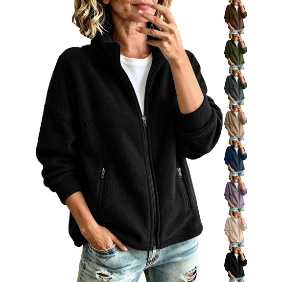 Womens Fleece Jacket Fashion Casual Cozy Solid Color Long-Sleeve Outerwear Fall Winter Daily Wear Outerwear