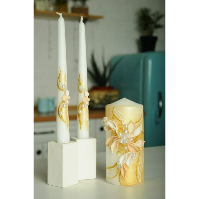 Magik Life Unity Candle Set for Wedding - Wedding Unity Set for Reception and Ceremony - Candle Sets - 6 Inch Pillar and 2 * 10 Inch Tapers-Gold