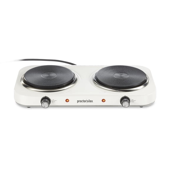 Proctor Silex Cuisinière Électrique Portable, Surface de Cuisson en Fonte à Double Brûleur, Compacte, Plaque Chauffante à Température Réglable, 1700 Watts, Blanc (34117)