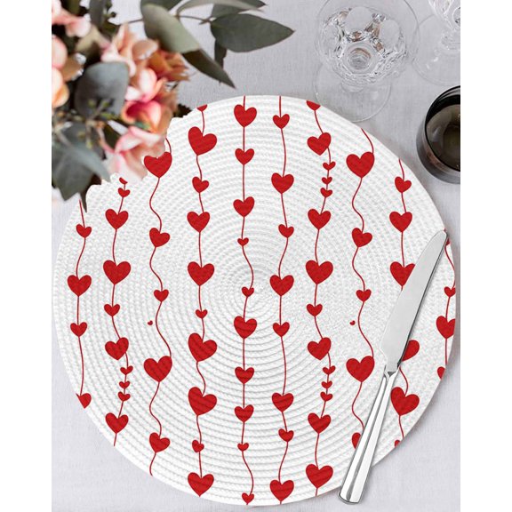 13 Inch Round Placemats Set of 4, Valentine's Day Non Slip Heat Insulation PP Table Mats, Sweet Love Heart Lines Romantic Red Washable Place Mats for Kitchen Dining Party Table Decor