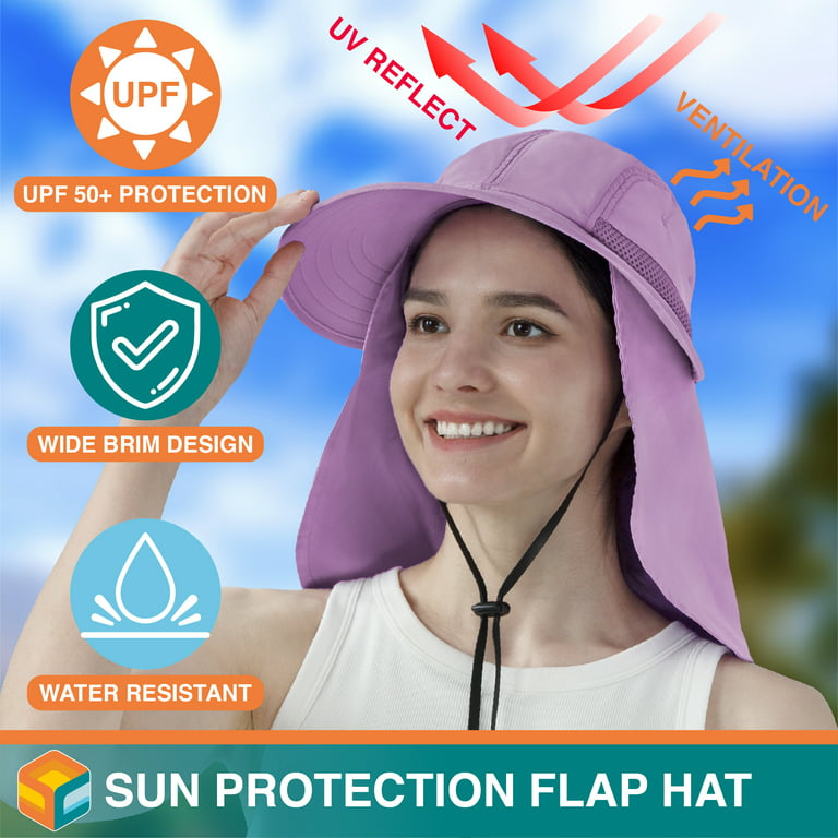 Sun Cube Women Sun Hat Neck Flap Cover, UV Protection Wide Brim Fishing Hat, Ponytail Hole Hiking Hat, Foldable Beach Cap Gardening Camping Outdoor