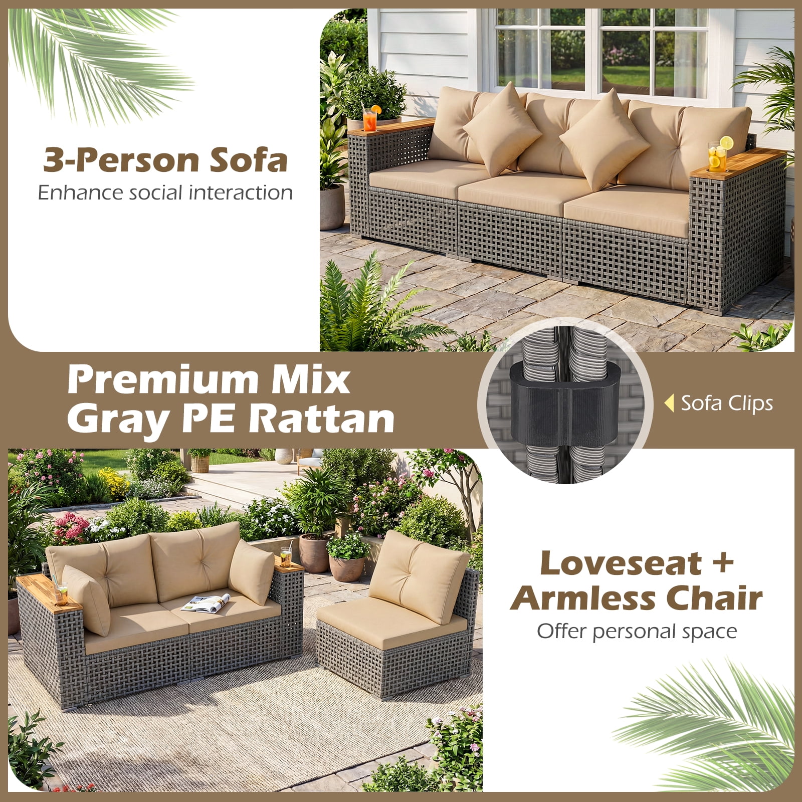 Costway Patio Wicker Sectional Furniture Set, 3 Piece Outdoor Couch Set for Garden Beige