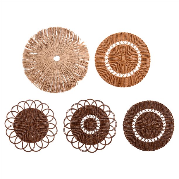 Juego de 5 Cestas de Pared Bohemias, Decoración Nórdica Sencilla de Paja Hecha A Mano, Decoración de Pared Pequeña Tejida A Mano.
