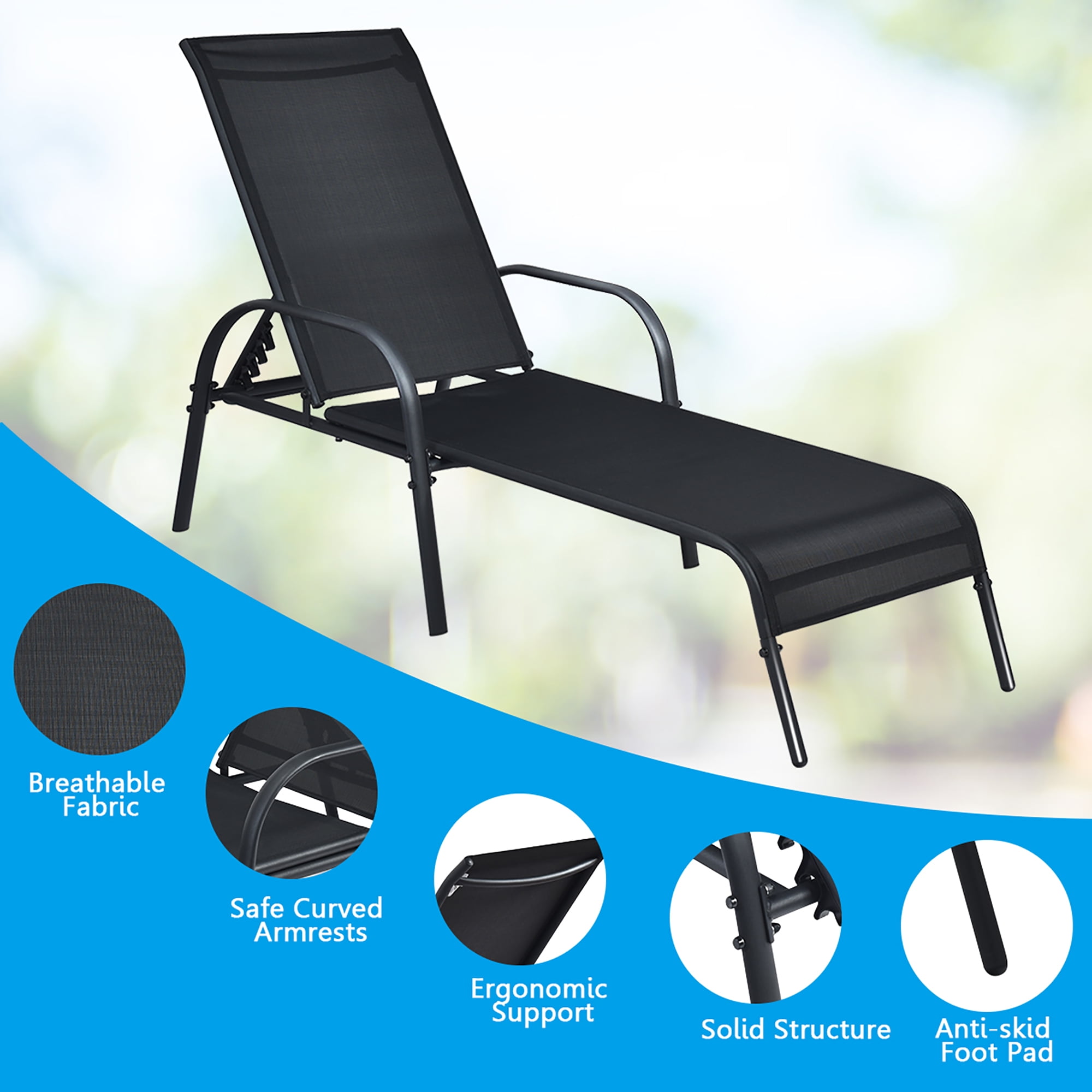 kust klassiek Wat dan ook Costway 2PCS Outdoor Patio Lounge Chair Chaise Fabric Adjustable Reclining  Armrest Black - Walmart.com