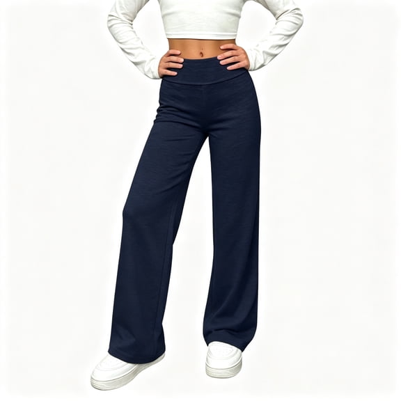 BCSIOAOI Girls Sweatpants,High Waist Wide Leg Solid Stretch Casual Pants Navy 14-15 Years