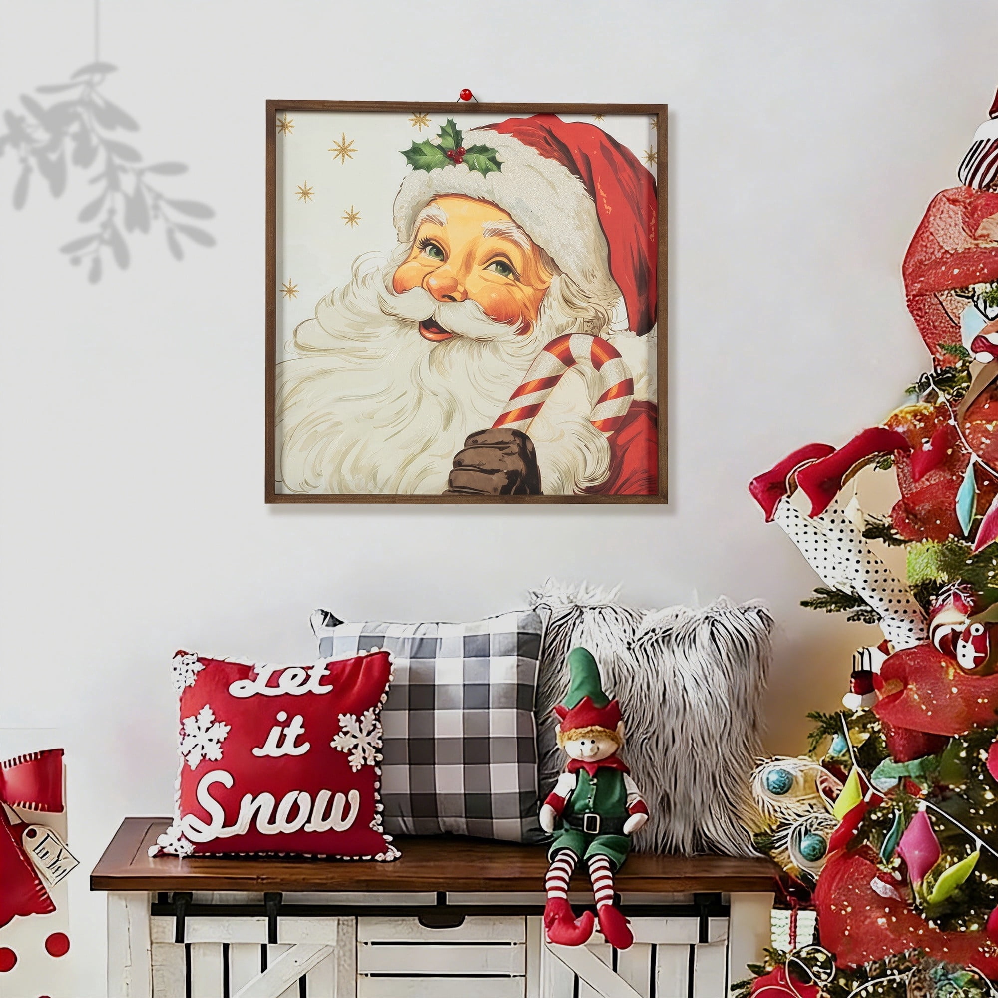 Santa with Candy Cane Framed Christmas Wall Art, Multicolor, 22" x 22", by Holiday Time