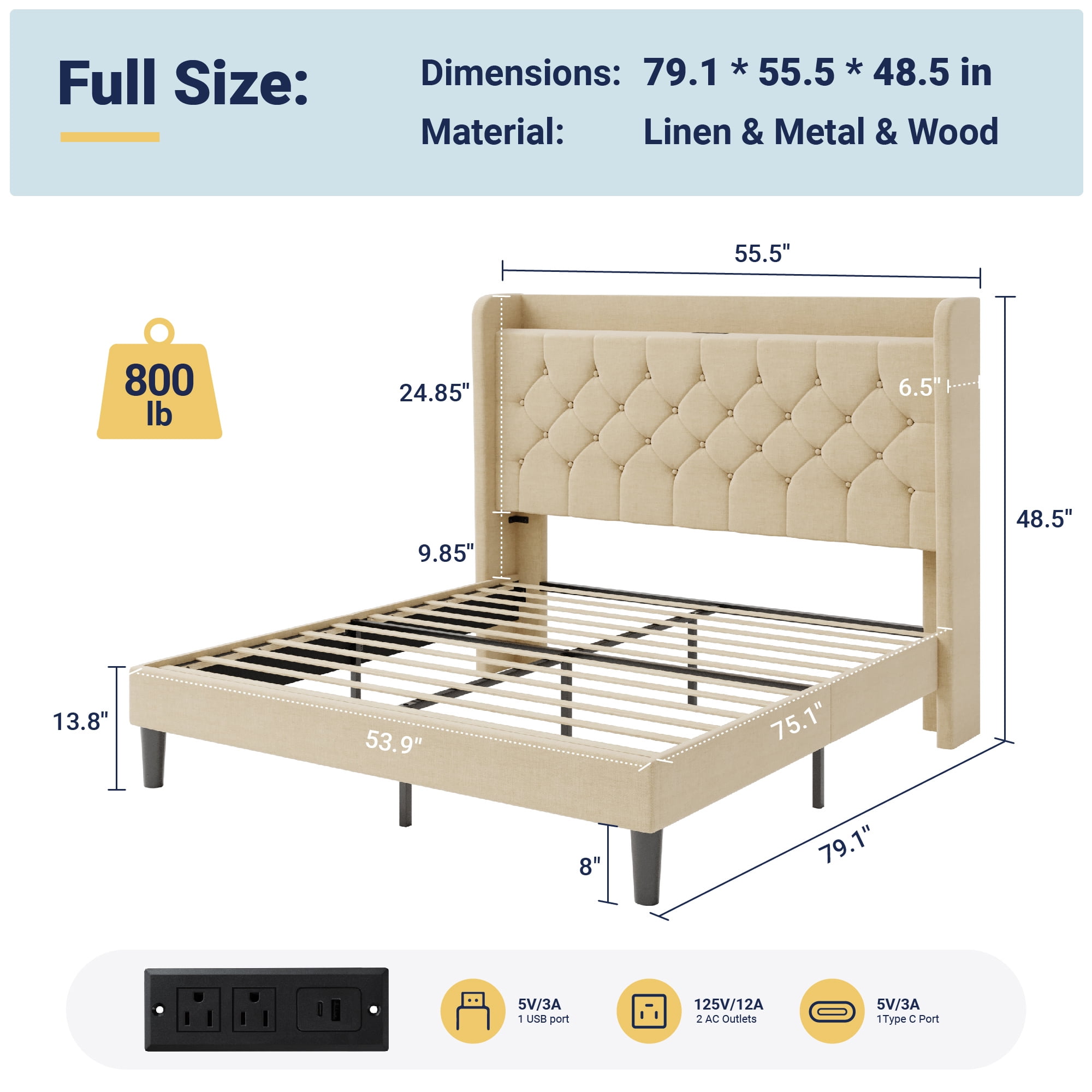 Allewie Full Size Bed Frame, Storage Headboard with Charging Station, Wingback Velvet Upholstered, Diamond Stitched Button Tufted, Sturdy Wooden Slats, No Box Spring Needed, Easy Assembly, Beige