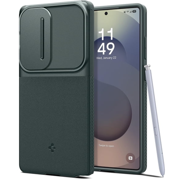 Funda Spigen Galaxy S25 Ultra con tapa militar para lente verde