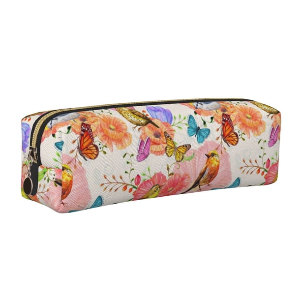 Easygdp Flowers And Birds Watercolor para Estuche de Lápices de Cuero, Estuche de Papelería de Cuero, Estuche de Gran Capacidad con Cremallera