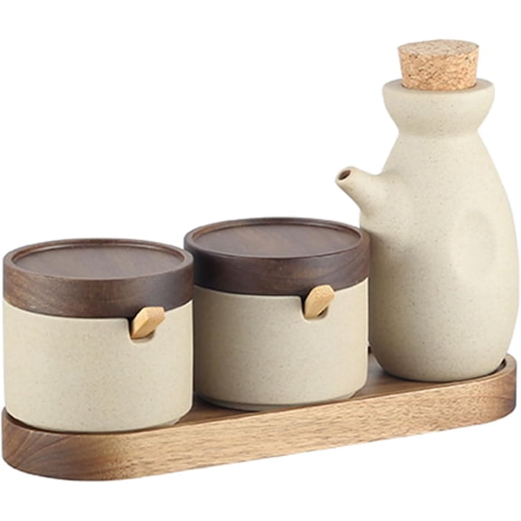 Dxcaicc Ceramic Condiment jar set,Kitchen Spice Storage holder with Lids/Spoon, Food Storage Container with Wooden Tray,Home, Kitchen
