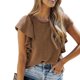 thumbnail image 1 of Tops con volantes para mujer, color puro, elegante, cuello redondo, tops de manga corta para citas, trabajo, marrón, XL, 1 of 6